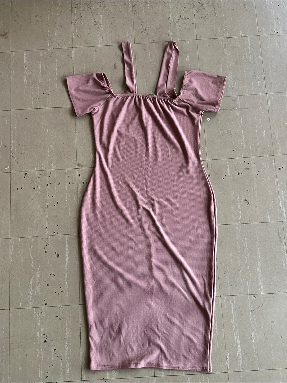 Boohoo Dusty Mauve Midi Bodycon Dress with Off-Shoulder Straps